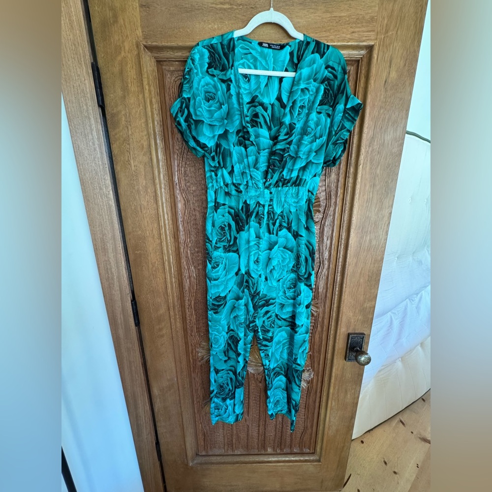 Zara Teal and Black Floral Jumpsuit